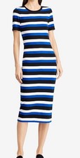 Lauren Ralph Lauren Y2K Blue Black & White Stripped S/S Cotton Midi Dress SZM