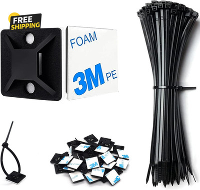 50 Set Cable Zip Tie Self Adhesive Mounts Kit with 6'' Zip Ties, 3/4