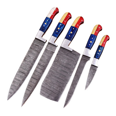 Ultimate Handmade Forged Damascus Chef Knife Set Kitchen Knives Flag Handle