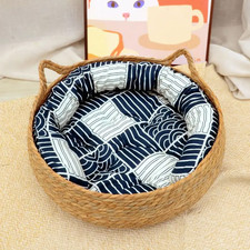 OUZEY Rattan Weaving Cat Basket Pet Cat Bed with Cushion Soft Warm Puppy Kitten