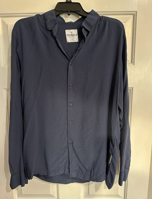 YoungLA Men s XL Blue Solid Woven Viscose Point Collar Long Sleeve Shirt 804