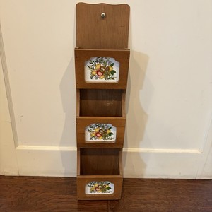 Vtg MCM Wood 3 Slot Wall Mail Holder Bill Organizer Vegetables Mushrooms