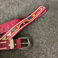 VTG Guatemalan Hand Woven Handmade Leather Belt Womens 27-33 M Pink Boho Hippie
