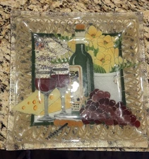 Peggy Karr Fused Glass Wine Cheese Grapes Bowl Square Plate 