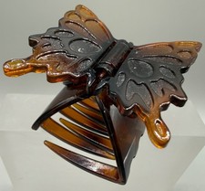 VINTAGE HAIR CLIP CLAW FAUX TORTOISE SHELL CELLULOID TRANSLUCENT BUTTERFLY