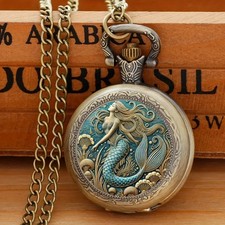 Exquisite Vintage Mermaid Pattern Quartz Pocket Watch with Necklace Great Gift