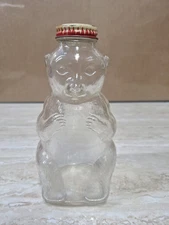 Vintage 1950's Snow Crest Beverages Bear Shaped Clear Glass Bottle Coin Bank 7”