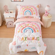 Toddler Bedding Set for Girls, 4 Piece Rainbow Toddler Girl Bedding Set, Pink...
