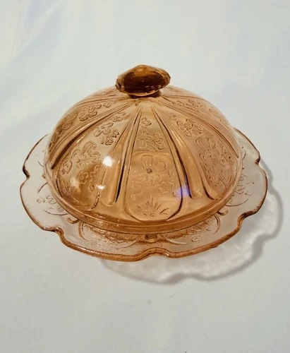 Vintage Jeannette Cherry Blossom Pink Depression Glass Butter Dish w/ Dome Lid