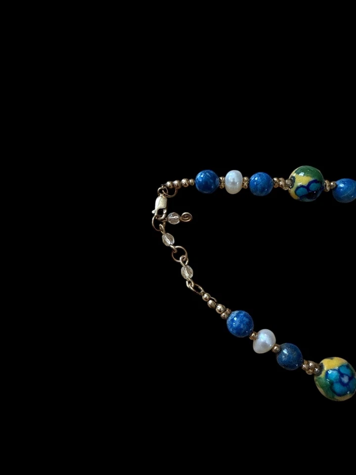 Collar Estate 14K GF Cuentas Florales Pintadas a Mano Perla de Agua Dulce Lapislázuli Foto 4 de 4