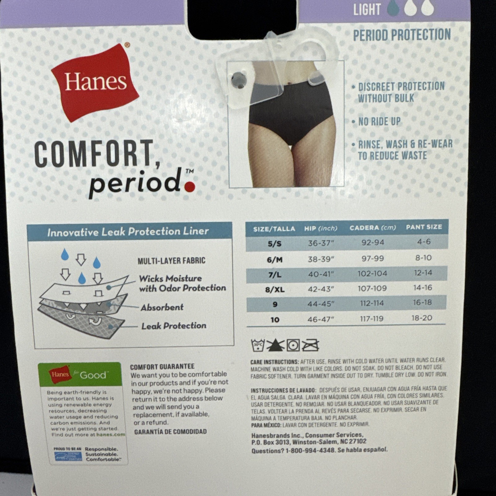 Hanes Women's Comfort, Period Light Protection Briefs - Size 9 / 2XL - New