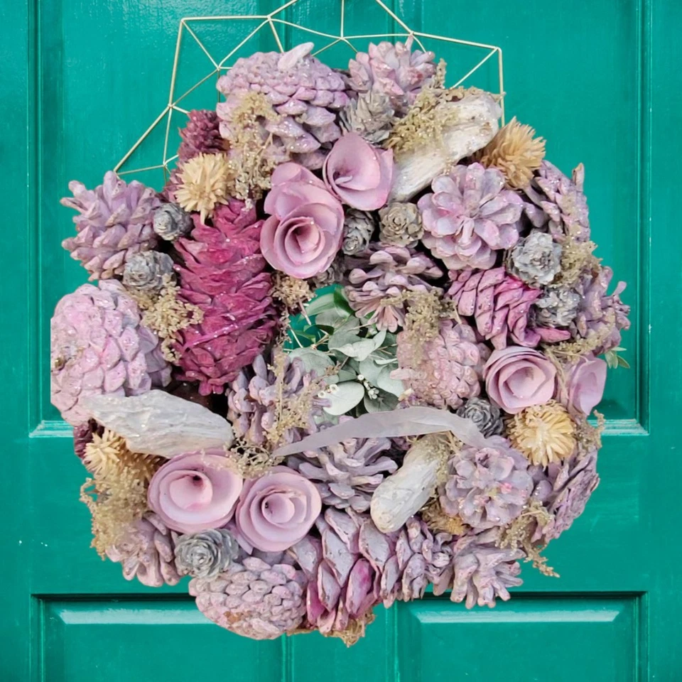 Blush Door Wreath Handcrafted with Real Pinecones Dried Florals&Rose Details 12" - Image 3 of 4