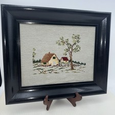 Vintage Framed Farm House Needlepoint Wood Frame Cottage Handcrafted 15  x18  R4A