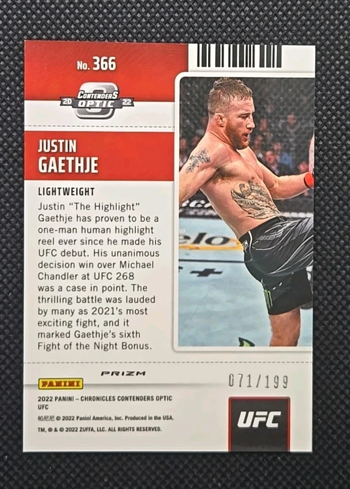 2022 Panini Chronicles UFC Justin Gaethje Red #/199 #366 Contenders Optic - Image 2 of 3