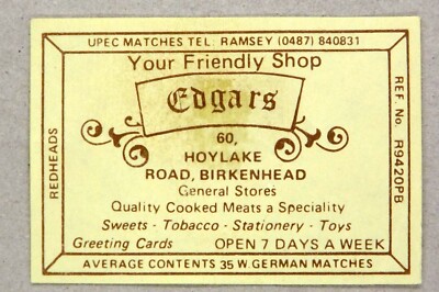 Matchbox Label Upec Edgars Store Hoylake Rd Birkenhead Wirral Merseyside MR057