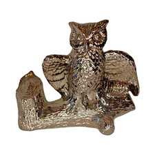 MCM VTG Metallic Glazed Ceramic Owl on Log 8.5"Hx10"Lx5"W
