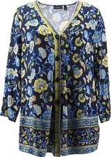 Susan Graver Printed 3/4 Slv Button Woven Cardigan-Navy Citrus-Small A399673 NEW