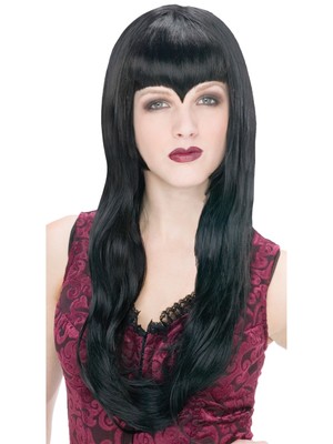 Fun World Halloween Vampiress Pointed Bangs Long Hair Wig, Black, One-Size