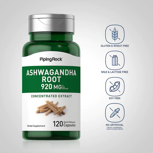PIPING ROCK Ashwagandha 120 Capsules, 920 mg (per serving), Bargain Bottle, UK