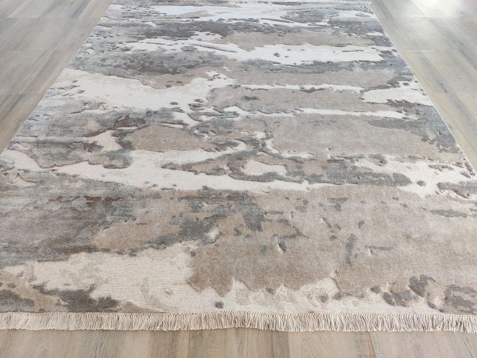 100% Wool 8 x 10 Hand-Woven Knotted Area Rug Large Grey Beige Ocean Modern - Image 2 of 4