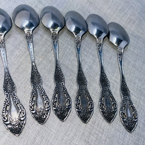 6 UNF73 Stainless Tea Spoons Japan Interpur INR13 Pierced Floral Rose Handle - Picture 8 of 13
