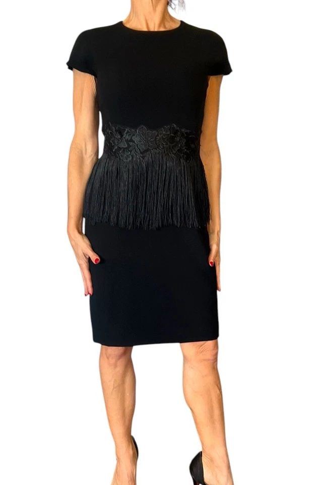 RICKIE FREEMAN TERI JON BLACK SHEATH DRESS CAP SLEEVE FLORAL APPLIQUE FRINGE 2 - Image 2 of 4