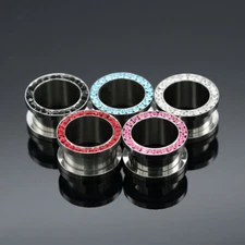 PAIR Large CZ Gem Rimmed 316L Surgical Steel Screw Fit Plugs Tunnels Gauges