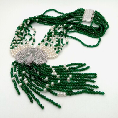 9 Strands Green Jade Freshwater Cultured White Pearl Necklace CZ Pendant 19''