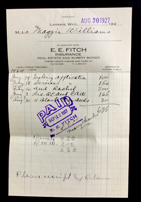 1927 Vtg Laramie Wyoming Billhead E Fitch insurance real estate bonds #b11