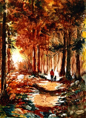 Man And Dog WaIking In The Woods,  Forest, (Signed Matter Watercolor Art Print)