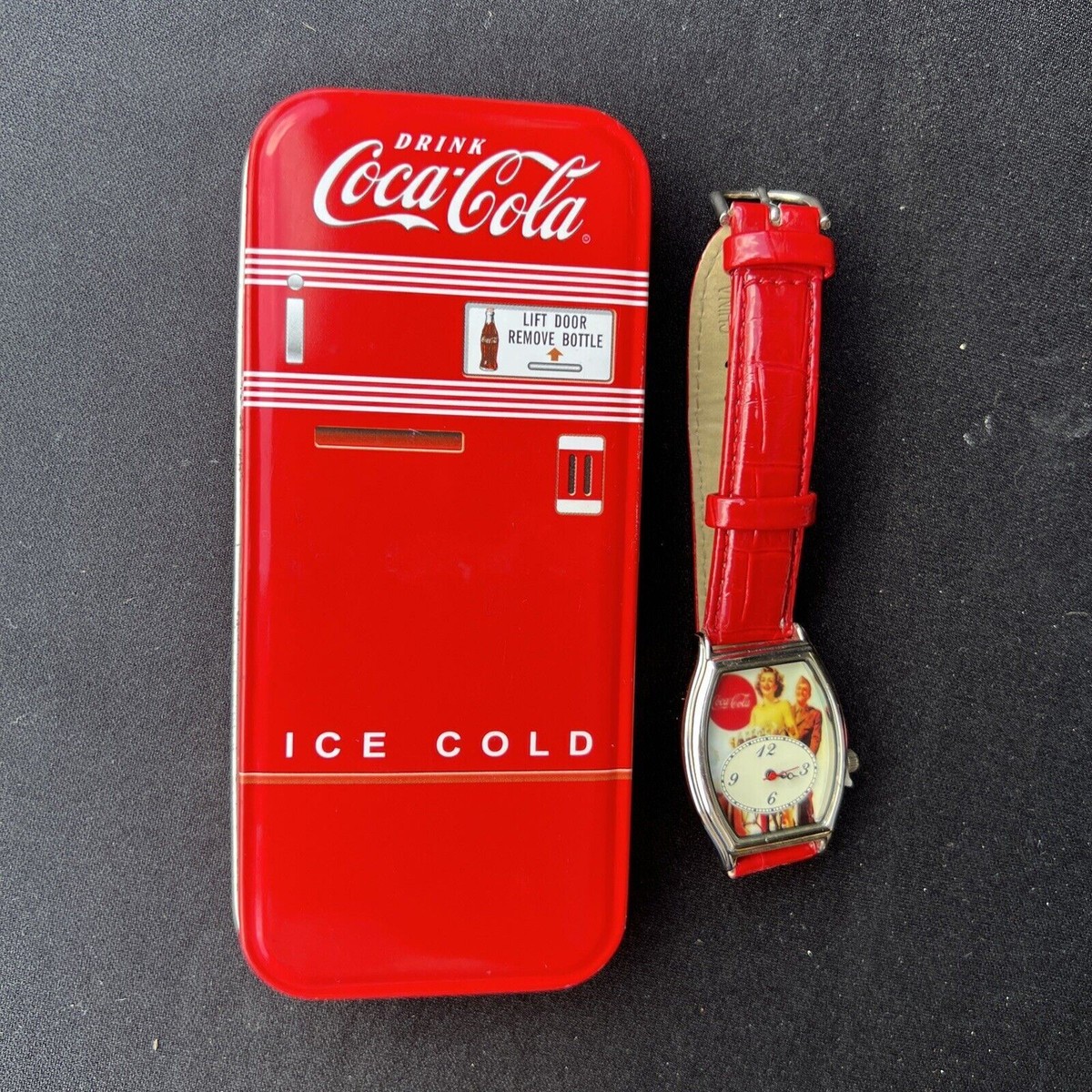 Vintage Coke Coca-Cola Wrist Watch in Refrigerator Tin Red Leather