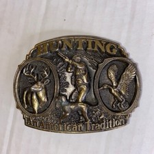 1986 "Hunting an American Tradition" Brass Belt Buckle by Great Amer. Buckle Co.