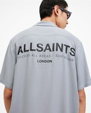 Image of AllSaints Men's Short Sleeve Button-Up Shirt Grey Relaxed Fit Logo Size UK S