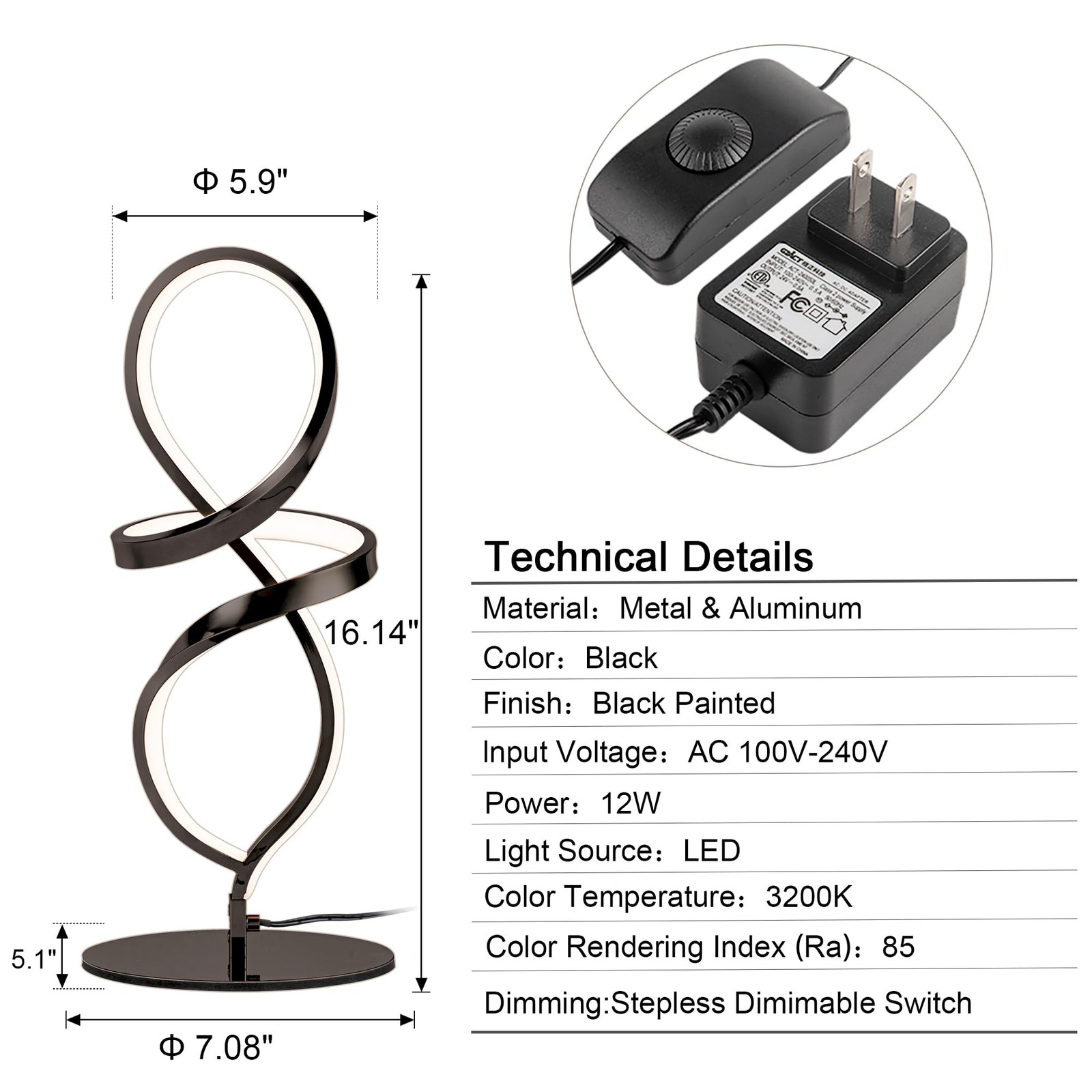 Modern Table Lamp with LED Spiral Design, Bedside Lamp with Stepless Dimming ...