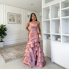 Pink Tiered Ruffle Mermaid Lace-up Prom Dresses Sheath Sleeveless Floor-Length