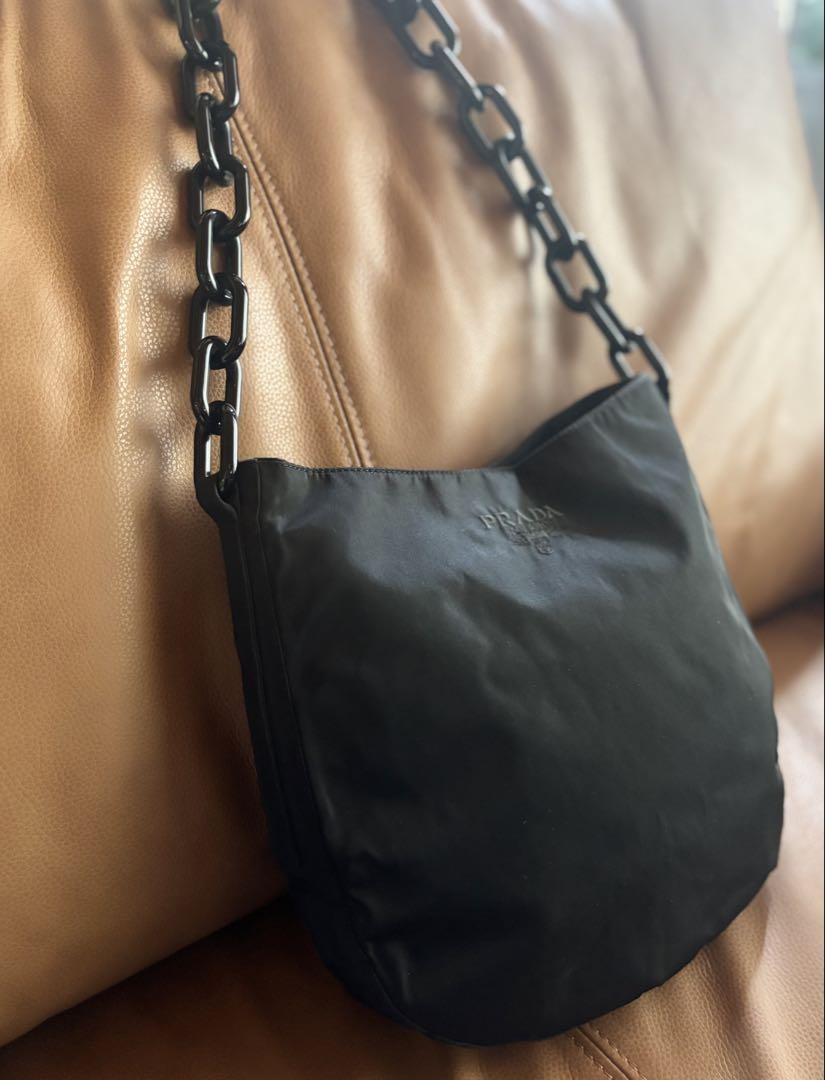 PRADA Shoulder Bag Black with Plate Chain and Embossed Logo From Japan