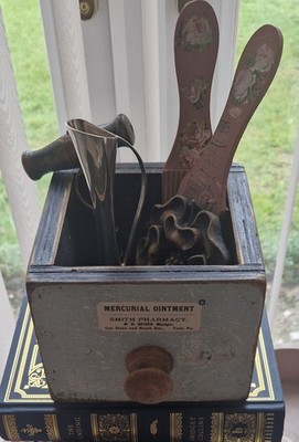 Holz Apotheker Schublade Etikett Mercurial Salbe Schmiede Apotheke kein Inhalt