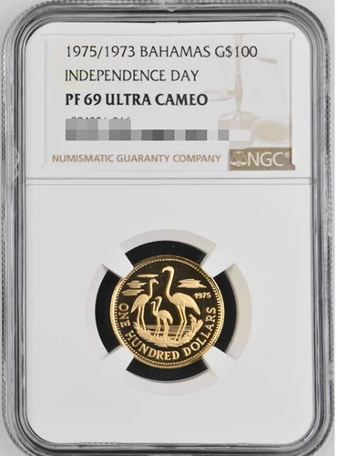 INDEPENDENCE DAY 1975/1973 BAHAMAS G$100 NGC PF 69 ULTRA CAMEO GOLD COIN