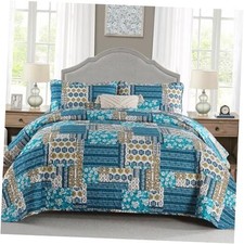 Quilt Set Size, 3 Pieces Plaid Floral Bedspread Set Patchwork Queen Dusty Blue