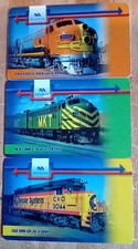 3 karty telefoniczne. Pociągi PRR EMD E-8AA. M-K-T EMD F-7A 1973. C&O EMD GP-30 #3044