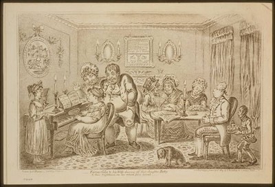 Farmer Giles,Wife,Daughter Betty,Cartoon,Plump Girl playing Piano,England,1809