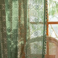Boho Curtains with Tassels for Bedroom Retro 59"W x 63"L (Pack of 2) Green