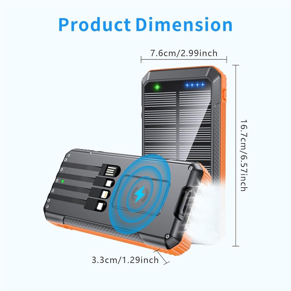 52800mAh Wireless Power Bank with 4 Built-in Cables 7 Outputs 22.5W Fast Charging Orange