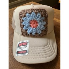 OTTO Cream Trucker Hat with Handmade Crochet Floral Granny Square Patch NWT