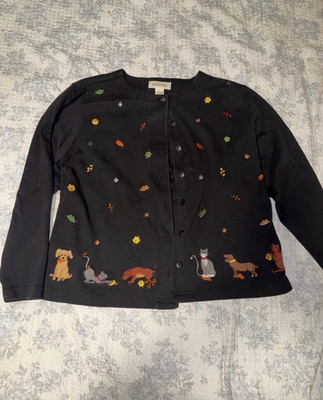 Bechamel Black L 100% Cotton Cardigan Sweater Embroidered Dog/Cat 