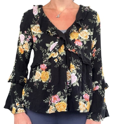 American Eagle Women M Black Yellow Pink Floral Long Ruffle Sleeve Peplum Blouse - Picture 18 of 19