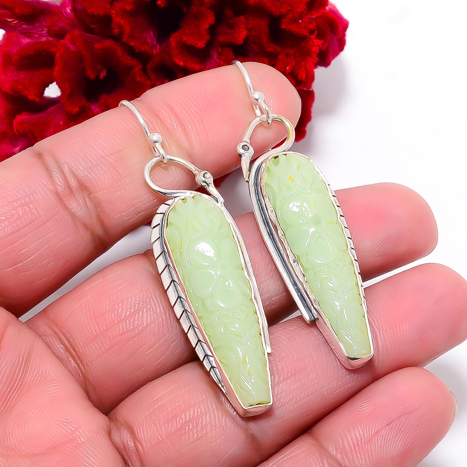 Carved Chalcedony Designer Handmade 925 Sterling Silver Earring 2.3