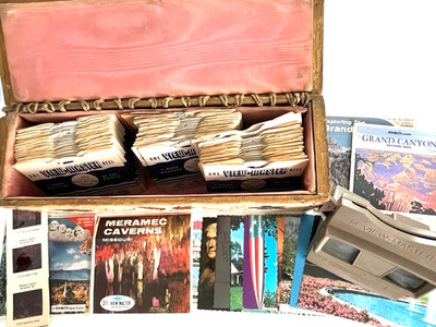 Vintage View-Master, 76 Reels, 15 Postcards/Slides, Handpainted Padded Box, 1946