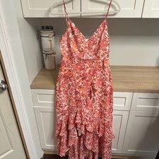 Lulus Always Enchanting Maxi Dress Womens M Pink Floral Ruffle High Low Metallic