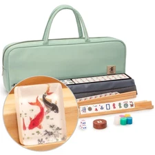 American Mahjong Set, "Celadon Koi" with Mint Green Fabric Case - Four Wooden Al